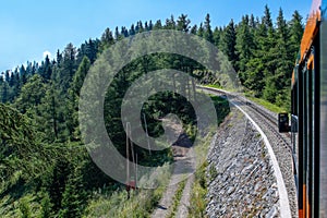 Unique rack railway to the top of Schneeberg mountain in the Austrian Alps. View from the train.