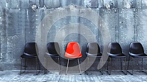 Unique red chair standing out in a row of black chairs against a concrete wall. Minimalistic concept with a bold