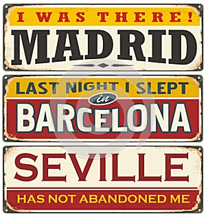 Unique retro tin sign collection with cities in Spain