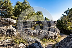 Unique rock formations in La Ciudad Encantada or Enchanted City near Cuenca, Spain, Castilla la Mancha