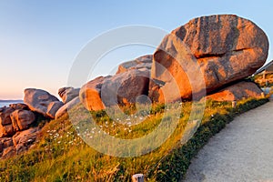 Unique rock formations on Pink Granite Coast, France.