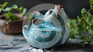 A unique salt pig container sculpted from clay and glazed with a bright blue hue designed to easily dispense salt while photo