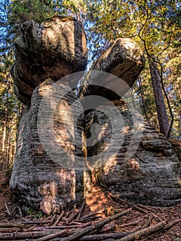 Unique sandstone rock formation in Table Mountain National Park, Poland