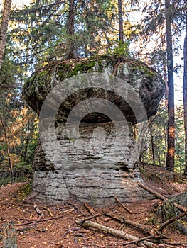 Unique sandstone rock formation in Table Mountain National Park, Poland