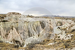 Unique sandstone rock formations in the Rose Valley. Central Anatolia, Cappadocia, Turkey