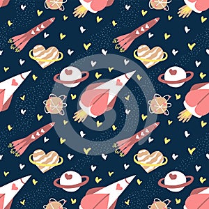 Unique seamless vector pattern with rocket and hearts in space. Valentine`s day wrapping paper print. Love and space