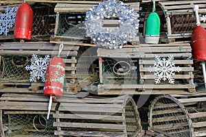 Unique seaside decorations using lobster traps and buoys to bring cheer