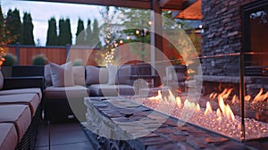 A unique seethrough fireplace is the centerpiece of this outdoor lounge area providing the perfect spot for cozy photo