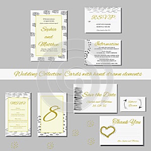 Unique set of wedding invitation cards with hand drawn elements.