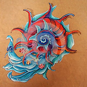 Unique sketch of the schedule, Bright red shell on the background of sea waves with exotic fish