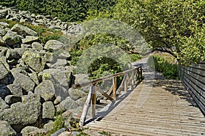 Unique stone river big granite stones on rocky river with wooden bridge in the Vitosha National Park Mountain