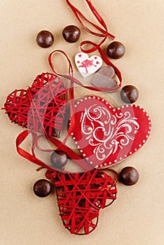 unique stylish red hearts and cookies on craft background, valentines day concept card