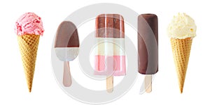 Unique summer popsicle and ice cream treats isolated on a white background