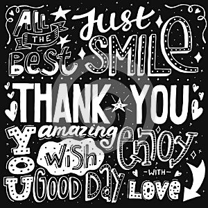 Unique thank you card with hand drawn lettering and calligraphy with many phrases and words. Vector illustration