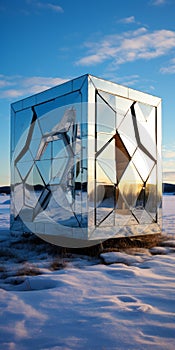 Reflective Metal Cube In Snow: Sustainable Design With Cabincore And Redshift