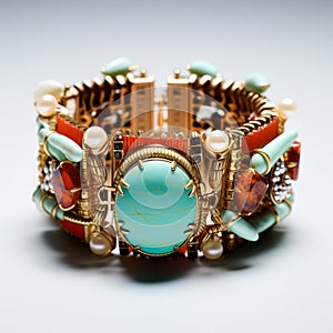 Unique Turquoise Bracelet With Gold, Pearl, And Coral - High Detail Alexander Mcqueen Style