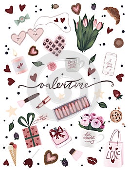 Unique valentine`s day poster with valentine hand drawn art, flower, coffee cup, heart, star, chocolate candy, cookie, ice cream.