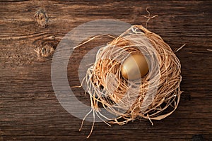 Unique and valuable golden egg with nest on wooden background.