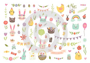 Unique vector easter clipart with hand drawn easter elements. isolated cute spring cartoon clip art set: bunny, cat, bear, eggs.