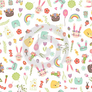 Unique vector easter seamless pattern with cute clipart: bunny, egg, flower, plant, rainbow, balloon, deer, cat etc. easter tile.