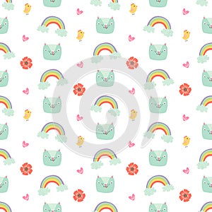 Unique vector easter seamless pattern with cute clipart: cat, rainbow, chicken, poppy flower, heart. cartoon easter repeating tile