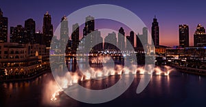 Unique view of Dubai Dancing Fountain show at night.