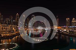 Unique view of Dubai Dancing Fountain show at night.