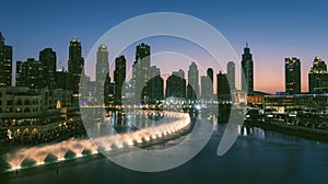 Unique view of Dubai Dancing Fountain show at night.