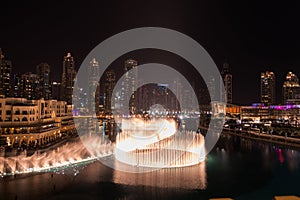 Unique view of Dubai Dancing Fountain show at night.