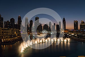 Unique view of Dubai Dancing Fountain show at night.