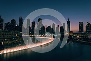 Unique view of Dubai Dancing Fountain show at night.