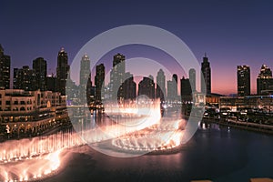 Unique view of Dubai Dancing Fountain show at night.