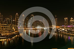 Unique view of Dubai Dancing Fountain show at night.