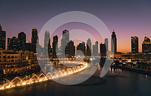 Unique view of Dubai Dancing Fountain show at night.