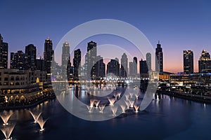 Unique view of Dubai Dancing Fountain show at night.