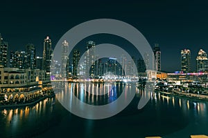 Unique view of Dubai Dancing Fountain show at night.