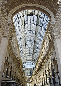 Unique view of Galleria Vittorio Emanuele II seen from above in Milan in summer. Built in 1875 this gallery is one of