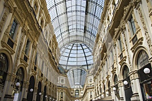 Unique view of Galleria Vittorio Emanuele II seen from above in Milan in summer. Built in 1875 this gallery is one of