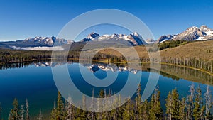 Unique view of Little Redfish Lake and the Sawtooth Mountains Id