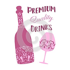 Unique vilolet design of bottle and glass for fresh delicious wine and angela. Vector