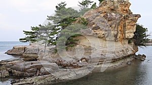 Unique weathered rocks and pine trees with mythical significance on Eshima Island, tilt up