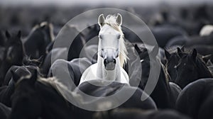 Unique White Horse Among Black Herd