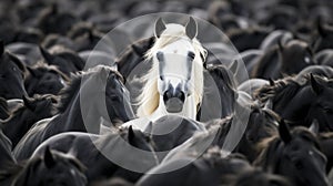 Unique White Horse Among Black Herd