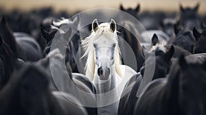 Unique White Horse Among Black Herd