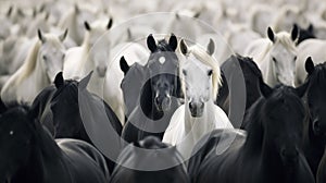 Unique White Horse Among Black Herd