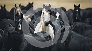 Unique White Horse Among Black Herd
