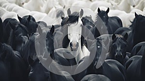 Unique White Horse Among Black Herd