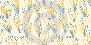 Unique yellow and blue abstract organic shapes seamless pattern. Vector hand drawn creative elliptic forms. photo