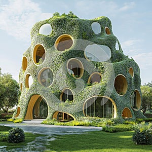 Innovative Sustainable Architecture Showcases Green Materials for an Ecofuture in a Smart City Environment Generative AI photo