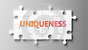 Uniqueness complex like a puzzle - pictured as word Uniqueness on a puzzle pieces to show that Uniqueness can be difficult and